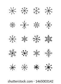 Set Of Black Snowflake Hand-drawn Element On White Background. Snowflakes Doodle Icon. Scribble Cartoon. Vector Illustration.