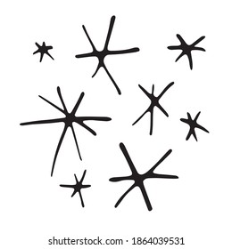 Set of Black Snowflakes isolated on white background. Line art, doodle, hand drawn. Xmas, New Year, winter elements of design and icons. Simple vector illustration