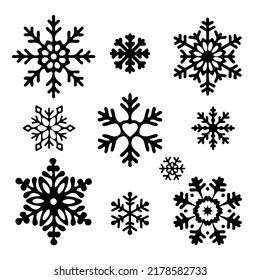 Set of Black Snowflakes on a White background. Flat Vector Illustration.	