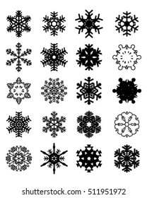 Set of black snowflakes on a white background, vector