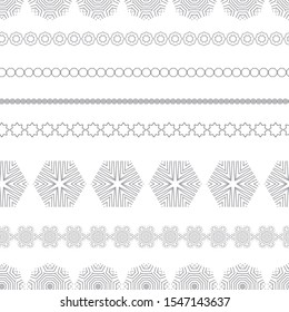Set of black snowflakes vector lines and seamless borders isolated on white background. Snow element collection with ethnic endless ornaments for Christmas seamless design