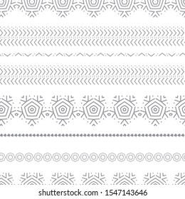 Set of black snowflakes vector lines and seamless borders isolated on white background. Snow element collection with ethnic endless ornaments for Christmas seamless design