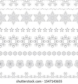 Set of black snowflakes vector lines and seamless borders isolated on white background. Snow element collection with ethnic endless ornaments for Christmas seamless design