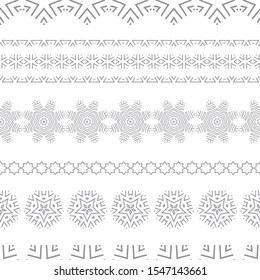 Set of black snowflakes vector lines and seamless borders isolated on white background. Snow element collection with ethnic endless ornaments for Christmas seamless design