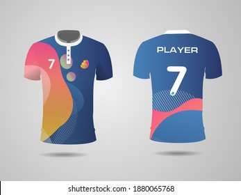 Set black of soccer kit or football jersey template for football club. Blue, white logo on football shirt mock up. Front and back view soccer uniform. Football shirt mock up. Vector Illustration.