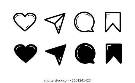 Set with a black social network icon. Heart, comment, send icons. Vector line illustration. Ui symbol. EPS10