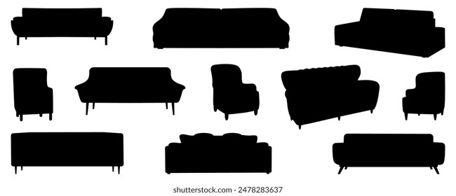 Set of black sofas in vector. Modern sofas isolated without background for web, game, app and advertising.