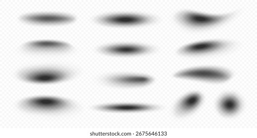 Set of black soft blurry shadows with oval and linear shapes in various sizes and gradients on transparent background with subtle texture