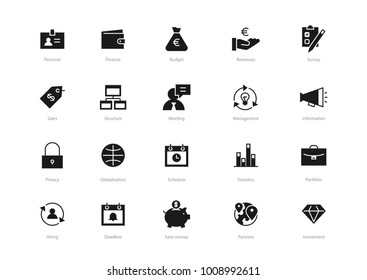 Set of black solid business icons isolated on light background. Contains such icons Statistics, Management, Deadline, Revenues, Portfolio and more.