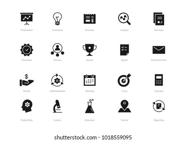 Set Of Black Solid Business Icons Isolated On Light Background. Contains Such Icons Planning, Awards, Concept, Education And More.