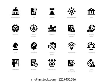 Set of black solid business icons isolated on light background. Contains such icons Administration, Tax, Strategy, Cooperation, Teamwork and more.