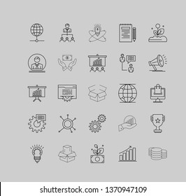 Set of black solid business icons isolated on light background. - vector