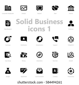 Set Of Black Solid Business Icons Isolated On Light Background.