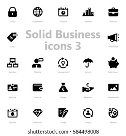 Set of black solid business icons isolated on light background.