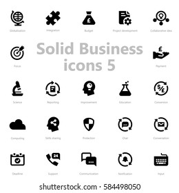 Set of black solid business icons isolated on light background.