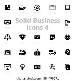 Set of black solid business icons isolated on light background.