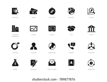 Set of black solid business icons isolated on light background. Contains such icons Case study, Communication, Analysis, Agreement, Integration and more.