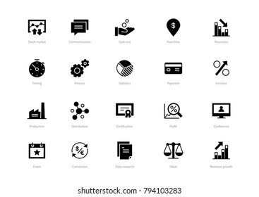 Set Of Black Solid Business Icons Isolated On Light Background. Contains Such Icons Production, Certification, Process, Event, Profit And More.