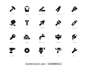 Set of black solid construction icons isolated on light background. Contains such icons Fix, Build, Lavatory, Repair and more.