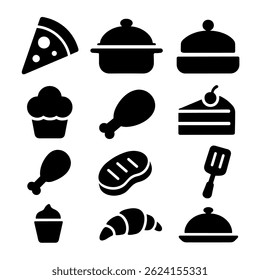 Set of black solid food icons in minimalist style. Includes pizza slice hot dish burger cupcake chicken drumstick cake steak ice cream croissant and spatula. restaurant menus food app