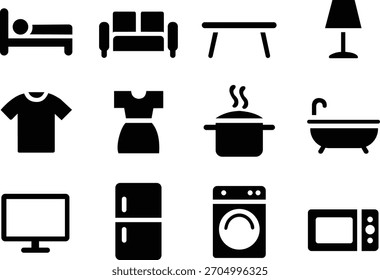 Set of black solid home furniture and appliance icons 