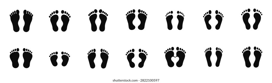 Set of black solid human footprint icons, barefoot prints, baby feet track, footmarks, heart footprint, and human feet silhouette vector