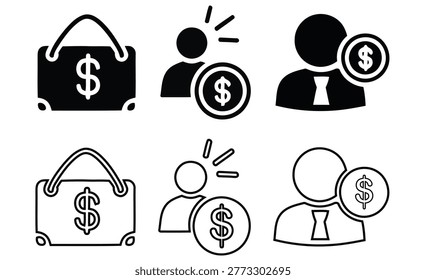 A set of black solid icons representing money, shopping, people, and financial exchange, symbolizing wealth and economic activity.