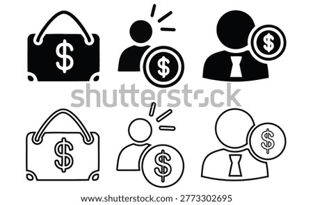 A set of black solid icons representing money, shopping, people, and financial exchange, symbolizing wealth and economic activity.