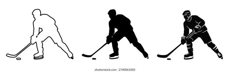 Set of black solid, outlined and detailed silhouettes of ice hockey player controlling puck with stick. Winter team sport athlete in skating action. Flat minimal illustration isolated on transparent