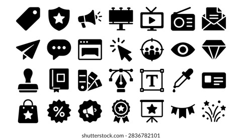Set of black solid style marketing and design icons including tag, shield, megaphone, billboard, tv, radio, envelope, paperplane, chat, browser, cursor, target on transparent background