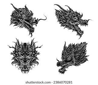 Set of black solid traditional Chinese or Japanese dragon head in hand drawn style isolated on white background. Mythology Asian animal or monster, devil. Ink oriental dragon for t-shirt or tattoo 