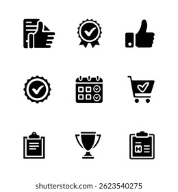 Set of black solid vector icons representing approval, certification, checklist, achievement, and quality validation