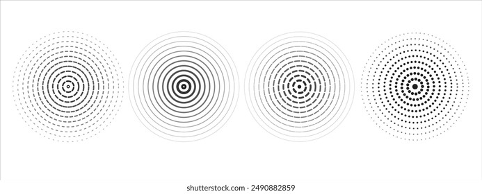 A set of black sound wave rings, of interrupted lines and dots . Rings with radial lines. Target icon, epicenter. Concentric vortex circles. Vector illustration