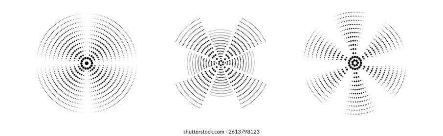 A set of black sound wave rings, of interrupted lines and dots . Rings with radial lines. Target icon, epicenter.  Concentric vortex circles. Vector illustration 