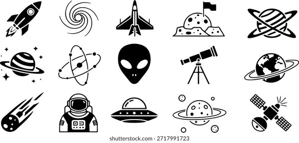 conjunto de ícones de exploração do espaço negro e astronomia