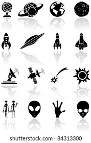 Set of black space icons on white background, illustration