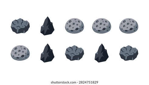 set of black space rocks and gray cratered asteroids with irregular and round shapes for cosmic and outer space design