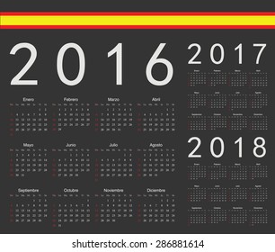 Set of black spanish 2016, 2017, 2018 year vector calendars. Week starts from Sunday.