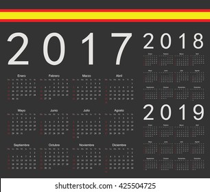 Set of black spanish 2017, 2018, 2019 year vector calendars. Week starts from Sunday.