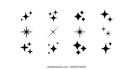 Conjunto de desenhos de ícones de brilho preto e estrela brilhante - brilhantes cintilação Starbursts, elementos decorativos de efeito de faísca para férias, celebração e gráficos de tema mágico no fundo branco