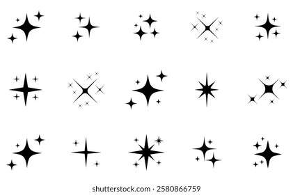 Set of black sparkle and star icons in various shapes and styles. Minimalist decorative elements for design, highlights, UI accents, or festive graphics on white background. Shine, icons, sparkle.