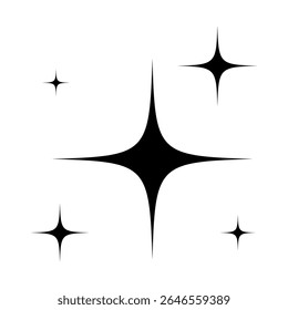 Set van zwarte sprankelende sterpictogrammen met scherpe randen en radiale symmetrie. Minimalistische vectorillustratie van gloeiende twinkelelementen. Decoratie en accent grafisch concept. Sjabloon voor ontwerp en afdrukken