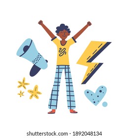 Set with black speaker man, lightning symbol. Concept of diversity, equality, tolerance. Anti-racism vector stock illustration isolated. African american boy protest against racial discrimination
