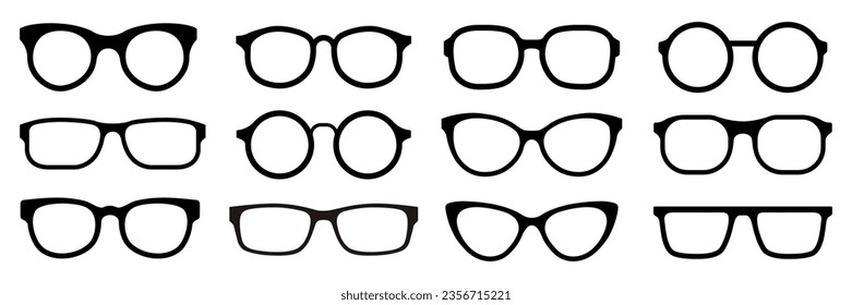 Poner gafas negras. Ilustración vectorial de la colección de anteojos y gafas de sol. Gafas de estilo antiguo, clásico y moderno con una silueta dorada. Complementos ópticos masculinos y femeninos elegantes aislados.