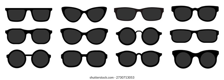 Definir óculos pretos. Óculos e óculos de sol coleção ilustração vetorial. Vintage, clássico e estilo moderno óculos de estilo silhueta borda. Elegantes acessórios ópticos masculinos e femininos isolados.