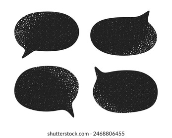 Set of black speech bubble with grunge grainy texture. Hand drawn vintage dialog elements isolated on white background. Collection of dialog boxes for talk, dialogue. Flat vector illustration