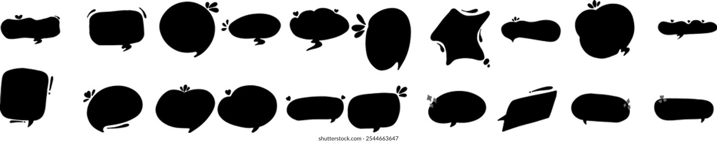 Conjunto de siluetas de burbujas de discurso negras en varias Formas, incluidos diseños redondos, rectangulares y parecidos a nubes. Ideal para cómics, proyectos de diseño o contenido visual.
