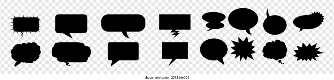 Set of black speech bubble silhouettes in various shapes for chat and communication designs. Social media and message concept