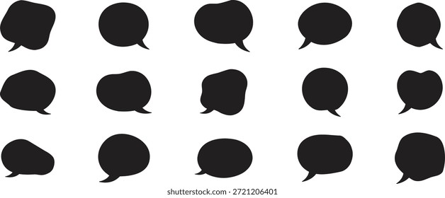 Conjunto de siluetas de burbujas de discurso negro sobre un fondo blanco. Las Formas de diálogo sólidas y sencillas representan conceptos de conversación, mensajería y comunicación. Ideal para cómics, diseño de chat, infografías y proyectos gráficos.