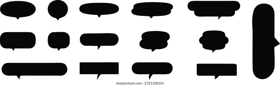 Set of black speech bubble silhouettes in various rounded shapes. Solid dialog icons represent messaging, conversation, and communication concepts. Ideal for chat design, comics, stickers, and modern graphic projects.
